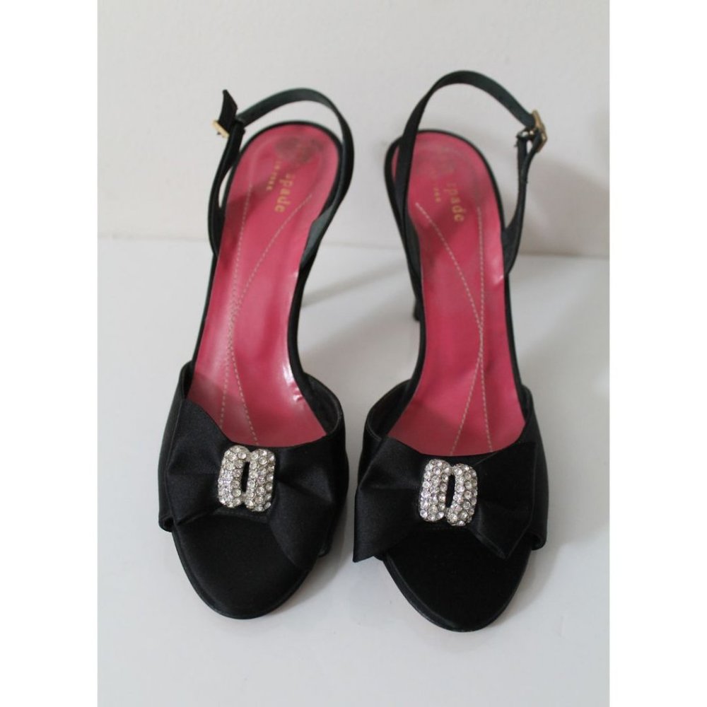Kate Spade Bow Embellished Crystal Satin Slingback Pumps Black Size 8